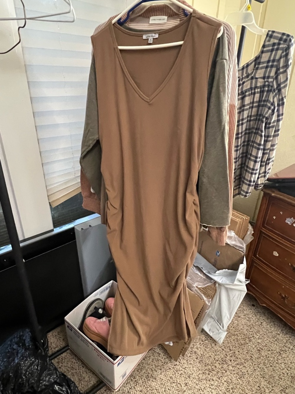 V-Neck Sleeveless Ruched Casual Dress in Tan - Picture 2 of 3